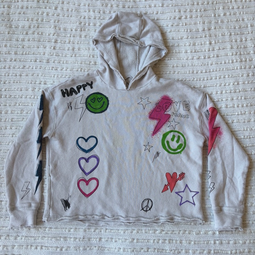 Chaser Brand Cotton Linen Smiley Doodle Mashup Sweatshirt Hoodie Size Small